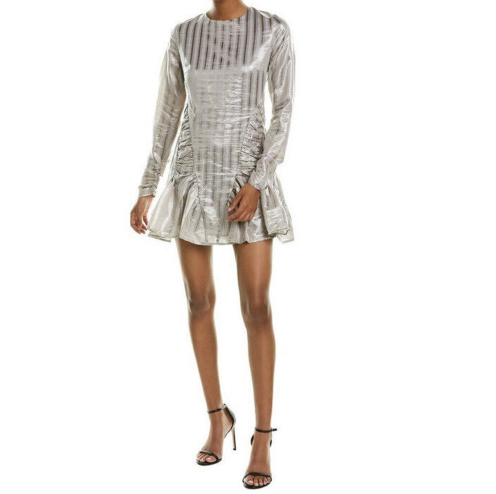 Atoir Walk Me Home Mini Dress Gray Metallic Ruffle Striped Long Sleeve US 8 NWT
